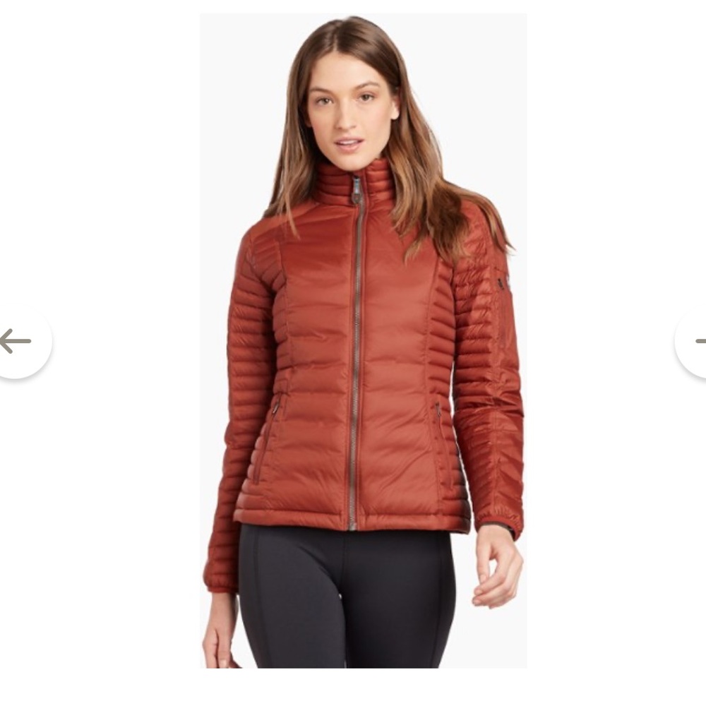 KUHL Spyfire Goose down Jacket cinnamon rust dark orange small puffer full zip